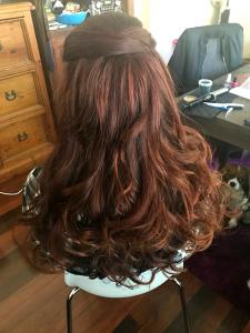 semi formal curls redhead special occasion styling brisbane mobile hairdresser chelley bean mobile hairdressing